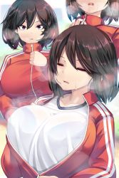 Rule 34 | 1girl, black legwear, blush, breasts, breath, brown eyes, full-length zipper, gym shirt, gym uniform, heavy breathing, highres, jacket, large breasts, looking at viewer, original, pants, partially unzipped, red track suit, shiki (psychedelic g2), shirt, solo, sportswear, steam, steaming body, track jacket, track pants, track suit, unzipping, zipper, zipper pull tab