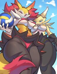 absurdres ball beachball breasts creatures_(company) delphox digimon digimon_(creature) furry furry_female game_freak gen_6_pokemon highres nintendo pokemon renamon smile tail wide_hips yarney