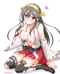 Rule 34 | 10s, 1girl, :i, black hair, blush, breasts, breasts out, brown eyes, defeat, detached sleeves, hairband, hand on own chest, haruna (kancolle), heart, japanese clothes, kantai collection, long hair, looking at viewer, navel, nipples, ribbon-trimmed sleeves, ribbon trim, solo, sweat, thighhighs, tomokichi, torn clothes, torn thighhighs, twitter username