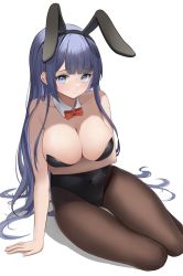 Rule 34 | 1girl, absurdres, animal ears, arm support, arm under breasts, bare shoulders, black leotard, black pantyhose, blue eyes, blue hair, blunt bangs, bow, bowtie, breasts, cleavage, collar, detached collar, highres, large breasts, leotard, looking at viewer, original, pantyhose, playboy bunny, purple hair, rabbit ears, solo, thigh gap, thighs, traditional bowtie, ttusee5, white background