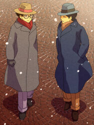 Rule 34 | 2boys, black-framed eyewear, black footwear, black gloves, blue coat, brown footwear, brown hair, closed mouth, coat, commentary request, full body, glasses, gloves, grey coat, grey hat, hands in pockets, hat, honjou kirou, horikoshi jirou, kaze tachinu, lapels, light smile, long coat, long sleeves, looking at another, male focus, multiple boys, open mouth, orange pants, orange scarf, outdoors, overcoat, pants, pink pants, red scarf, round eyewear, scarf, scene reference, shoes, short hair, snowing, standing, tsurugi, very short hair, yellow hat