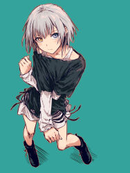 Rule 34 | 1girl, aqua background, bare legs, black footwear, black shirt, blush, boots, bullfalk, check copyright, closed mouth, copyright request, dress, from above, heterochromia, highres, layered sleeves, long sleeves, looking at viewer, original, purple eyes, shirt, short hair, short over long sleeves, short sleeves, simple background, solo, spaghetti strap, stretching, white dress, white hair, yellow eyes