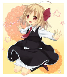 Rule 34 | 1girl, ahoge, bad id, bad pixiv id, blonde hair, bloomers, embodiment of scarlet devil, fang, female focus, hair ribbon, mary janes, necktie, open mouth, outstretched arms, purin jiisan, red eyes, red necktie, ribbon, rumia, shoes, short hair, solo, spread arms, touhou, underwear