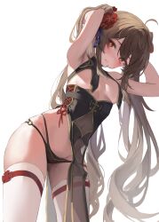Rule 34 | 1girl, armpits, arms behind head, black panties, breast curtains, breasts, brown hair, chinese clothes, covered navel, flower, flower-shaped pupils, from below, genshin impact, hair flower, hair ornament, highres, hu tao (genshin impact), leaning forward, leviathan (hikinito0902), long hair, looking at viewer, panties, parted lips, pelvic curtain, red eyes, red flower, revealing clothes, small breasts, solo, symbol-shaped pupils, thighhighs, twintails, underwear, very long hair, white background, white thighhighs