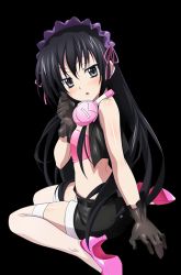 Rule 34 | 10s, 1girl, arm support, black eyes, black gloves, black hair, black jacket, black shorts, from side, gloves, headdress, headphones, headphones around neck, high heels, high school dxd, jacket, long hair, looking at viewer, looking back, midriff, open mouth, ophis (high school dxd), pink footwear, shiny skin, shoes, short shorts, shorts, sitting, sleeveless, solo, thighhighs, transparent background, white thighhighs