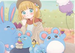 Rule 34 | 1girl, arm support, azumarill, azurill, beret, blue bow, blue eyes, blue skirt, blush, bow, brown hair, brown headwear, chewing, closed eyes, creatures (company), dot nose, drifloon, eating, eyelashes, fingernails, food, food on face, game freak, gen 2 pokemon, gen 3 pokemon, gen 4 pokemon, green bow, grey sweater, hat, highres, hiiragi hinana, long hair, long skirt, long sleeves, looking at viewer, marill, nintendo, open mouth, pink bow, pokemon, pokemon (creature), red scarf, roasted sweet potato, scarf, sharing food, signature, sitting, skirt, star (symbol), sweater, sweet potato, tail, tail bow, tail ornament