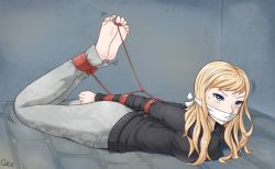 Rule 34 | 1girl, arms behind back, bad id, bad pixiv id, barefoot, bdsm, between toes, blonde hair, blue eyes, bondage, bound, bound toes, cloth gag, feet, gag, gagged, gbeeee, greenrain, improvised gag, long hair, lying, on stomach, over the mouth gag, rope, shibari, soles, solo, toes
