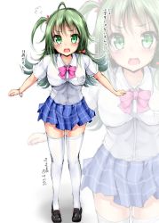 Rule 34 | 1girl, puff of air, ahoge, black footwear, blue skirt, blush, bow, bowtie, bracelet, collared shirt, fang, fangs, green eyes, green hair, hair bow, highres, jewelry, loafers, looking at viewer, mokufuu, open mouth, original, pink bow, pink bowtie, plaid, plaid skirt, red bow, school uniform, shirt, shoes, short sleeves, skirt, solo, thighhighs, white shirt, white thighhighs, zoom layer