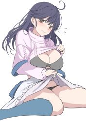 Rule 34 | 1girl, black hair, black panties, blue socks, bra, brown eyes, clothes lift, commentary request, flying sweatdrops, grey bra, highres, kantai collection, ken (shutenndouji1), long hair, official alternate costume, panties, simple background, sitting, skirt, socks, solo, sweater, sweater lift, underwear, ushio (kancolle), wariza, white background, white skirt, white sweater