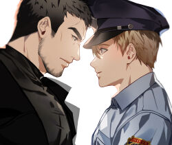 Rule 34 | 2boys, bara, beard, blonde hair, brown hair, chris redfield, coat, curtained hair, eye contact, facial hair, from side, highres, jujeop, large pectorals, leon s. kennedy, long sideburns, looking at another, male focus, mature male, multiple boys, muscular, muscular male, pectorals, police, police uniform, policeman, resident evil, resident evil 4, resident evil 4 (remake), short hair, sideburns, thick eyebrows, tight clothes, uniform, upper body, yaoi