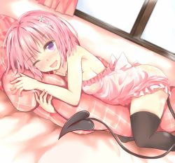 Rule 34 | 10s, 1girl, ;d, apron, black thighhighs, blush, breasts, demon tail, long hair, looking at viewer, lying, miyako tart, momo velia deviluke, naked apron, on side, one eye closed, open mouth, pink hair, purple eyes, short hair, smile, solo, tail, thighhighs, to love-ru, to love-ru darkness, window, wink