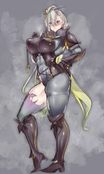 Rule 34 | 1girl, abs, armor, armored boots, asymmetrical clothes, blush, bodysuit, boots, breastplate, breasts, covered navel, fate/grand order, fate (series), full body, gauntlets, gradient hair, green hair, grey bodysuit, grey eyes, hair between eyes, hair ornament, hairpin, high collar, highleg, highres, huyan zhuo (fate), huyan zhuo (second ascension) (fate), koucha indian, large breasts, long hair, looking at viewer, multicolored hair, pauldrons, shoulder armor, single pantsleg, smile, solo, streaked hair, thick thighs, thighs, very long hair, white hair