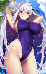 Rule 34 | 1girl, armpits, arms behind head, arms up, bare shoulders, blue one-piece swimsuit, blue sky, blush, body markings, bracelet, breasts, cloud, covered navel, earrings, fate/grand order, fate (series), flower, hair flower, hair ornament, hair ribbon, highleg, highleg swimsuit, highres, jewelry, kama (fate), kama (swimsuit avenger) (fate), kama (swimsuit avenger) (third ascension) (fate), large breasts, long hair, looking at viewer, lotus, multicolored hair, one-piece swimsuit, open mouth, outdoors, palm tree, purple hair, purple one-piece swimsuit, red eyes, ribbon, silver hair, sky, smile, solo, star (symbol), star earrings, sun, swimsuit, thighs, tree, two-tone hair, untue