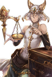 Rule 34 | 10s, 1boy, :3, ^ ^, animal ears, bag, balance scale, balancing, chain, closed eyes, closed mouth, cowboy shot, detached sleeves, erune, eyebrows, granblue fantasy, hair between eyes, halterneck, haramaki, highres, jewelry, leaning to the side, male focus, pointing, shao (granblue fantasy), simple background, sleeveless, solo, tenyo0819, turtleneck, veil, weighing scale, white background, white hair, xiao (granblue fantasy)