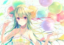 Rule 34 | 1girl, ahoge, animal ears, balloon, bare shoulders, blush, braid, breasts, choker, collarbone, commentary request, confetti, dress, green hair, half updo, halterneck, halterneck, holding, large breasts, long hair, looking at viewer, original, plaid, plaid dress, red eyes, reia, revision, ribbon, smile, solo, upper body, yumeko (reia)
