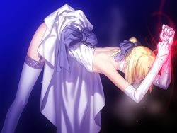 Rule 34 | 1girl, ahoge, artoria pendragon (all), artoria pendragon (fate), back, bdsm, bent over, blonde hair, bondage, bound, bow, breasts, dress, elbow gloves, fate/stay night, fate (series), game cg, gloves, hair ribbon, highres, open mouth, ribbon, saber (fate), sideboob, solo, sweat, takeuchi takashi, thighhighs, type-moon, wedding dress