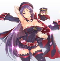 Rule 34 | 1boy, 1girl, bad id, bad pixiv id, blush, breasts, cape, cigarette, colonel olcott (fate), colonel olcott (fate) (cosplay), cosplay, detached sleeves, fate/grand order, fate (series), helena blavatsky (fate), helena blavatsky (fate) (cosplay), helena blavatsky (third ascension) (fate), jacket, large breasts, long hair, minamoto no raikou (fate), purple eyes, purple hair, sakata kintoki (fate), salute, smile, strapless, sunglasses, thighhighs, very long hair, yuemanhuaikong