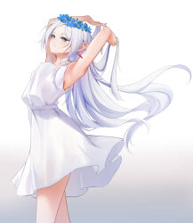 Rule 34 | 1girl, armpits, arms up, bare arms, blue flower, closed mouth, cowboy shot, dress, earrings, elf, floating hair, flower, frieren, from side, gradient background, green eyes, head wreath, highres, jewelry, liu liaoliao, long hair, pointy ears, simple background, sleeveless, sleeveless dress, solo, sousou no frieren, standing, very long hair, white dress, white hair