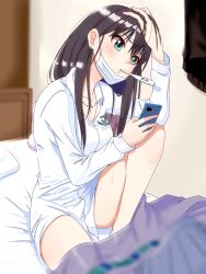Rule 34 | 1girl, bad id, bad pixiv id, bed sheet, bedroom, black hair, black sweater, blurry, blurry background, blurry foreground, breasts, cellphone, cleavage, collarbone, collared shirt, digital thermometer, dress shirt, green eyes, hand on own head, head tilt, highres, holding, holding phone, idolmaster, idolmaster cinderella girls, jewelry, long hair, long sleeves, mask, medium breasts, mouth hold, mouth mask, naked shirt, necklace, phone, shibuya rin, shiki (0802makimari), shirt, sitting, smartphone, solo, sweatdrop, sweater, unworn sweater, thermometer, under covers, white shirt, wing collar