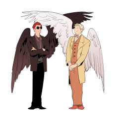 Rule 34 | 2boys, angel, apios, aziraphale (good omens), black eyes, black footwear, black jacket, black pants, black wings, blonde hair, bow, bowtie, brown neckwear, buttons, closed mouth, crossed arms, crowley (good omens), eye contact, feathered wings, full body, good omens, grey shirt, happy, highres, jacket, legs together, long sleeves, looking at another, loose necktie, male focus, multiple boys, necktie, open clothes, open jacket, orange pants, orange vest, own hands together, pants, red footwear, red hair, round eyewear, shirt, shoes, short hair, sideways mouth, smile, standing, sunglasses, symmetry, v-shaped eyebrows, vest, white shirt, white wings, wings, yellow jacket