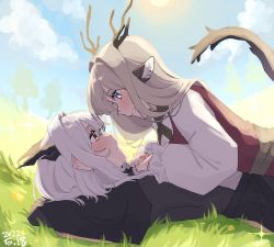 Rule 34 | 2girls, alina (arknights), animal ears, antlers, arknights, arms behind head, black neckerchief, black shirt, blouse, blue eyes, blue sky, cloud, cloudy sky, dated, deer antlers, deer ears, deer girl, dragon girl, dragon horns, dragon tail, dress, eye contact, face-to-face, grass, highres, horns, kawaii inu5, looking at another, lying on person, multiple girls, neckerchief, outdoors, pinafore dress, red shirt, shirt, sky, sleeveless, sleeveless dress, sun, tail, talulah (arknights), tree, white dress, yellow eyes, yuri