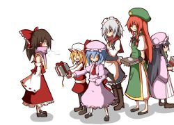 Rule 34 | 6+girls, apron, bat wings, blonde hair, blue hair, book, boots, bow, box, braid, breath, brooch, brown hair, closed eyes, commentary request, detached sleeves, flandre scarlet, gem, gift, gift box, hair bow, hair tubes, hakurei reimu, hand on own hip, hat, hat ribbon, hong meiling, izayoi sakuya, jewelry, juliet sleeves, knee boots, long hair, long sleeves, looking back, maid headdress, mary janes, mob cap, multiple girls, no wings, open mouth, pantyhose, patchouli knowledge, puffy sleeves, purple eyes, purple hair, red hair, remilia scarlet, ribbon, ring, scarf, shoes, silver hair, simple background, skirt, skirt set, smile, star (symbol), touhou, twin braids, waist apron, white background, wings, yogurt bakudan