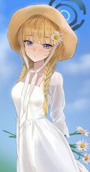 Rule 34 | 1girl, absurdres, alternate costume, blonde hair, blue archive, blue eyes, braid, breasts, closed mouth, dress, flower, ggoong (pooplambgoong22), hat, highres, holding, holding flower, long hair, long sleeves, looking at viewer, medium breasts, single braid, solo, straw hat, toki (blue archive), white dress, white flower