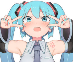 Rule 34 | 1girl, :d, abmayo, aqua eyes, aqua hair, armpits, bare shoulders, black sleeves, blue necktie, blush, commentary request, detached sleeves, double v, emotional engine - full drive, fate/grand order, fate (series), grey shirt, hair ornament, hands up, hatsune miku, highres, long hair, looking at viewer, necktie, open mouth, shirt, shoulder tattoo, simple background, sleeveless, sleeveless shirt, smile, solo, sparkle, sunburst, sunburst background, sweat, tattoo, twintails, upper body, v, v-shaped eyebrows, vocaloid, white background