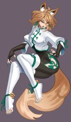 Rule 34 | 1girl, absurdres, alternate costume, animal ear fluff, animal ears, ankle bell, bell, black bodysuit, bodysuit, bodysuit under clothes, boots, breasts, brown background, brown eyes, chinese clothes, commentary, english commentary, fangs, fox ears, fox girl, fox tail, full body, green nails, green trim, hair between eyes, highres, jacket, jingle bell, kudamaki tsukasa, light brown hair, looking at viewer, medium hair, nezo, open mouth, puffy short sleeves, puffy sleeves, short sleeves, simple background, small breasts, smile, solo, tail, tangzhuang, thigh boots, toeless footwear, toes, touhou, white footwear, white jacket