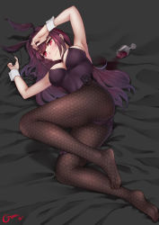 Rule 34 | 1girl, absurdres, animal ears, black pantyhose, blush, breasts, cup, drinking glass, fake animal ears, fate/grand order, fate (series), full body, gins, highres, honeycomb (pattern), large breasts, leotard, long hair, lying, no shoes, official alternate costume, on side, pantyhose, playboy bunny, purple hair, purple leotard, rabbit ears, rabbit girl, red eyes, scathach (fate), scathach (piercing bunny) (fate), signature, smile, solo, spill, wine glass, wrist cuffs