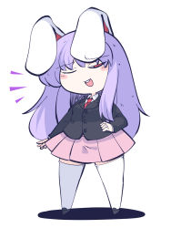 Rule 34 | 1girl, animal ears, black footwear, black jacket, blazer, blush stickers, chahan (fried rice0614), collared shirt, full body, highres, jacket, long hair, long sleeves, necktie, one-hour drawing challenge, one eye closed, open mouth, pink skirt, pleated skirt, purple hair, rabbit ears, red eyes, red necktie, reisen udongein inaba, shirt, shoes, simple background, skirt, smile, solo, thighhighs, touhou, upper body, white background, white shirt, white thighhighs