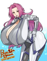 Rule 34 | 1girl, agawa ryou, artist name, breasts, character request, covered erect nipples, female focus, finger to mouth, gigantic breasts, gradient background, hanging breasts, leaning forward, lips, long hair, looking at viewer, orange eyes, purple hair, smile, solo, watermark, web address