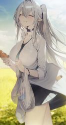 Rule 34 | 1girl, :t, absurdres, bag, black necktie, black skirt, blush, bracelet, breasts, chyan, cleavage, closed mouth, day, closed eyes, facing viewer, field, food, gradient necktie, grey hair, highres, ice cream, jewelry, large breasts, long hair, long sleeves, miniskirt, necktie, original, outdoors, plastic bag, pleated skirt, ponytail, shirt, silvi (chyan), skirt, smile, solo, standing, white shirt