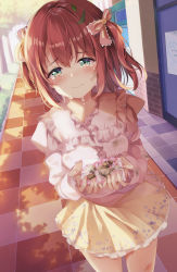 Rule 34 | blue eyes, blush, chocolate, collarbone, commentary, depe, dirty, dirty clothes, food, frilled skirt, frills, hair ribbon, highres, holding, holding chocolate, holding food, kurosawa ruby, leaf, long sleeves, looking at viewer, love live!, love live! sunshine!!, medium hair, nail polish, outdoors, pink nails, pink ribbon, pink shirt, red hair, ribbon, shirt, sidelocks, skirt, solo, tears, tile floor, tiles, tree, two side up, valentine, yellow skirt