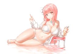 Rule 34 | 1girl, bare shoulders, bikini, breasts, choker, cleavage, closed mouth, cross, cross choker, flower, food, hair flower, hair ornament, halterneck, hand up, highres, holding, ice cream, jacket, keibeam, large breasts, long hair, long sleeves, looking at viewer, lying, nail polish, navel, o-ring, o-ring bikini, off shoulder, on side, open clothes, open jacket, original, pink hair, pulled by self, red eyes, sandals, side-tie bikini bottom, simple background, smile, solo, stomach, stool, strap pull, string bikini, swimsuit, thighs, toenail polish, toenails, very long hair, white background, white bikini, white jacket, yellow choker