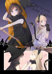 Rule 34 | 2girls, adjusting another&#039;s clothes, animal ears, animal hands, arm up, artist name, bat (animal), black cape, black dress, black gloves, black hair, black headwear, blonde hair, blue bow, blue bowtie, blue eyes, bob cut, bow, bowtie, broom, broom riding, cape, cat ears, cat tail, cityscape, closed eyes, closed mouth, commentary, copyright name, dress, eighth note, english text, flying sweatdrops, frilled dress, frills, from behind, fur collar, gloves, gokigen&#039;you ikkyoku ika ga?, green eyes, halloween, halloween costume, hand on headwear, hat, highres, kan&#039;nami chise, kitaouji sae, light frown, long hair, looking at viewer, looking back, multiple girls, musical note, night, night sky, open mouth, orange cape, orange dress, orange headwear, outdoors, pantyhose, paw gloves, short dress, short hair, short sleeves, signature, sky, smile, star (sky), starry sky, strapless, strapless dress, tail, tail ornament, tail ring, text background, two-sided cape, two-sided dress, two-sided fabric, two-sided headwear, unohana tsukasa, white dress, white pantyhose, witch hat