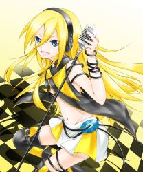 Rule 34 | 1girl, aqua nails, bare shoulders, blonde hair, blue eyes, boots, cd, checkered floor, cofi (eternal), eternal, fingernails, floor, headphones, lily (vocaloid), long hair, microphone, nail, nail polish, open mouth, pleated skirt, skirt, smile, solo, thigh boots, thighhighs, vocaloid