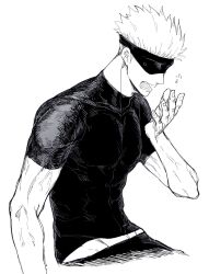 Rule 34 | 1boy, abs, blindfold, gojou satoru, greyscale, highres, jujutsu kaisen, male focus, monochrome, muscular, muscular male, nay bb, open mouth, pectorals, shirt, short hair, short sleeves, solo, spiked hair, upper body, yawning