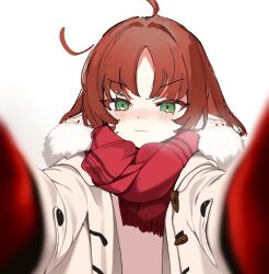 Rule 34 | 1girl, :3, ahoge, arknights, blush, closed mouth, fur-trimmed jacket, fur trim, green eyes, highres, jacket, long sleeves, meme, miebao, mittens, myrtle (arknights), open clothes, open jacket, outstretched arms, parted bangs, pointy ears, portrait, pov cheek warming (meme), red hair, red mittens, red scarf, scarf, simple background, smile, solo, v-shaped eyebrows, white background, white jacket