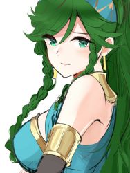 Rule 34 | 1girl, aqua eyes, armlet, bare shoulders, blue dress, blush, braid, breasts, commentary, dress, earrings, fire emblem, fire emblem: the blazing blade, fire emblem heroes, from side, green hair, high ponytail, highres, jewelry, large breasts, long hair, looking at viewer, lyn (fire emblem), nintendo, ormille, ponytail, side braid, sideboob, smile, solo, twin braids, upper body