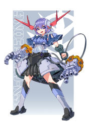 Rule 34 | 1girl, absurdres, ag 00000, character name, clenched hand, gundam, highres, mecha musume, mobile suit gundam, open hands, open mouth, personification, purple eyes, purple hair, short hair, solo, zeong