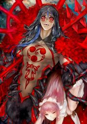 Rule 34 | 1boy, 1girl, bare pectorals, blue hair, bodypaint, cape, carrying, carrying under arm, closed eyes, com (akubi), cu chulainn (fate), cu chulainn (fate) (all), cu chulainn (fate/stay night), cu chulainn alter (fate), cu chulainn alter (fate/grand order), cu chulainn alter (third ascension) (fate), dark blue hair, dark persona, detached hood, earrings, facepaint, fangs, fate/grand order, fate (series), fur-trimmed cape, fur trim, gae bolg (fate), highres, hood, hood up, jewelry, lancer, long hair, looking at viewer, male focus, medb (fate), monster boy, muscular, pants, pectorals, pink hair, ponytail, red eyes, skin tight, spikes, tiara, topless male, type-moon