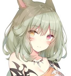 Rule 34 | 1girl, animal ears, ayuanlv, bare shoulders, breasts, cat ears, cleavage, collarbone, facial mark, final fantasy, final fantasy xiv, green hair, heterochromia, jewelry, long hair, looking at viewer, medium breasts, miqo&#039;te, necklace, profile, red eyes, simple background, slit pupils, smile, solo, tattoo, warrior of light (ff14), white background, yellow eyes