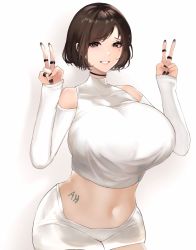 Rule 34 | 1girl, black nails, breasts, brown eyes, brown hair, choker, collar, covered collarbone, cowboy shot, crop top, detached sleeves, double v, grin, highres, huge breasts, jewelry, large breasts, looking at viewer, lumc, makeup, mascara, midriff, mole, mole under eye, multiple rings, nail polish, navel, original, ring, shirt, short hair, shorts, simple background, sleeveless, sleeveless shirt, sleeves past wrists, smile, v, white shirt