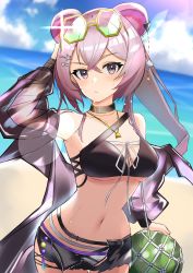 Rule 34 | 1girl, absurdres, animal ears, arknights, arm up, bare shoulders, beach, bikini, black bikini, black choker, black shorts, blue sky, breasts, choker, cloud, commentary request, cowboy shot, day, eyewear on head, hair between eyes, highres, jewelry, k@bu, lin (arknights), long hair, looking at viewer, medium breasts, mouse ears, navel, necklace, off shoulder, official alternate costume, outdoors, pink eyes, pink hair, short shorts, shorts, sky, solo, standing, stomach, sunglasses, swimsuit, water