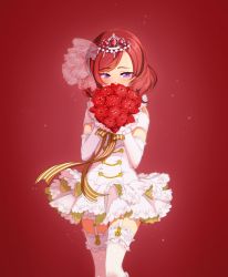 Rule 34 | 10s, 1girl, blush, bouquet, dress, elbow gloves, flower, garter straps, gloves, holding, holding bouquet, izumi k rukawa, love live!, love live! school idol festival, love live! school idol project, nishikino maki, purple eyes, red background, red flower, red hair, red rose, red theme, ribbon, rose, solo, striped ribbon, swept bangs, thighhighs, tiara, white dress, white gloves, white thighhighs