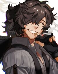 Rule 34 | 1boy, black gloves, black hair, black jacket, black vest, cigarette, closed eyes, commentary request, facial hair, facing to the side, facing viewer, fate/grand order, fate (series), fingerless gloves, from side, furrowed brow, gloves, grey shirt, grin, hair over one eye, hand up, highres, holding, holding clothes, holding jacket, jacket, jacket over shoulder, unworn jacket, male focus, messy hair, mouth hold, official alternate costume, okada izou (fate), okada izou (i&#039;m one dapping fella) (fate), ponytail, popped collar, portrait, shirt, short hair, smile, smoke trail, solo, stubble, su ke234, vest, white background
