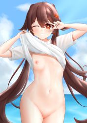 Rule 34 | 1girl, absurdres, ahoge, bikini, black nails, blue sky, bottomless, breasts, brown hair, clothes lift, cloud, flower, flower-shaped pupils, genshin impact, grin, groin, hair flower, hair ornament, hands up, highres, hu tao (genshin impact), jewelry, laichange, lifting own clothes, long hair, multiple rings, nail polish, navel, nipples, ocean, one eye closed, plum blossoms, pussy, red eyes, ring, shirt, shirt lift, sky, small breasts, smile, solo, stomach, swimsuit, symbol-shaped pupils, t-shirt, twintails, uncensored, v, v over eye, very long hair, white shirt, wide hips