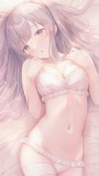 Rule 34 | 1girl, bare arms, bed sheet, blush, bra, breasts, cleavage, collarbone, commentary request, frilled panties, frills, from above, gameso, grey hair, highres, idolmaster, idolmaster shiny colors, long hair, looking at viewer, lying, navel, on back, open mouth, panties, purple eyes, small breasts, stomach, strap slip, thigh strap, underwear, underwear only, white bra, white panties, yukoku kiriko