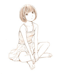 Rule 34 | 1girl, barefoot, feet, hands on feet, monochrome, original, short hair, sketch, skirt, soles, solo, toes, traditional media, yoshitomi akihito